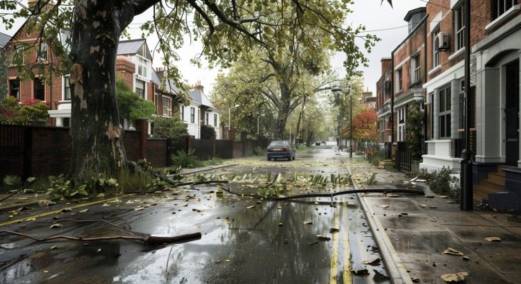 Large mature London plane tree in an urban street setting, visibly damaged after a severe thunderstorm, several broken branches hanging jaggedly from the canopy, one heavy branch snapped and lying on wet pavement nearby